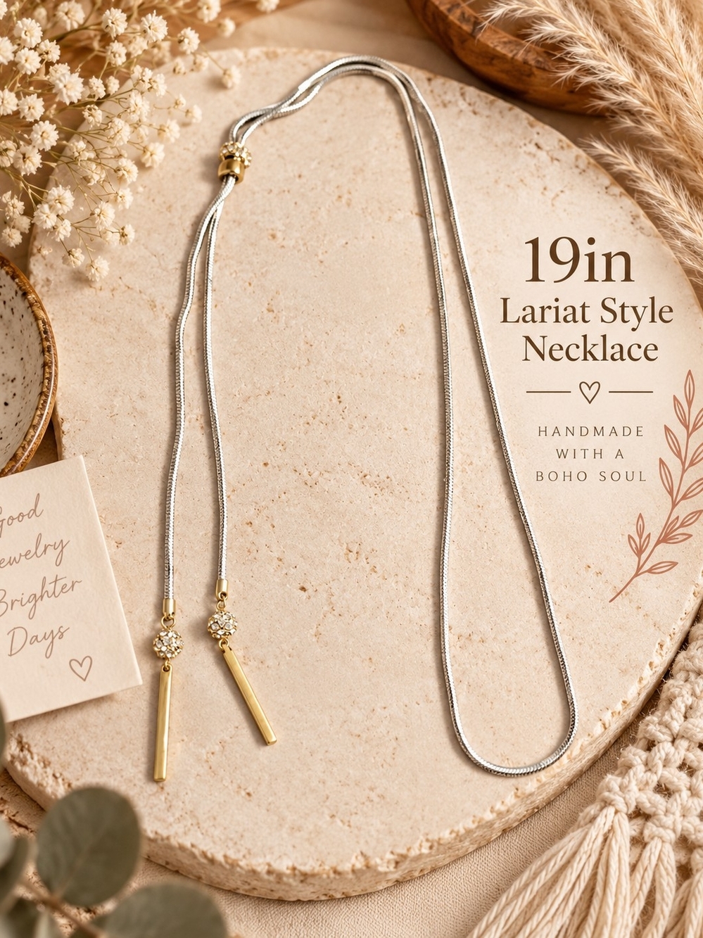 749 Handmade Two-Tone Lariat Necklace — Silver Chain with Gold Bar Accents